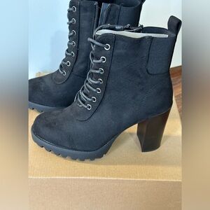 High heeled black lace up boots- size 8